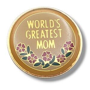 Vintage World's Greatest Mom Round Yellow Red Floral Lapel Hat Pin SWIB 1980
